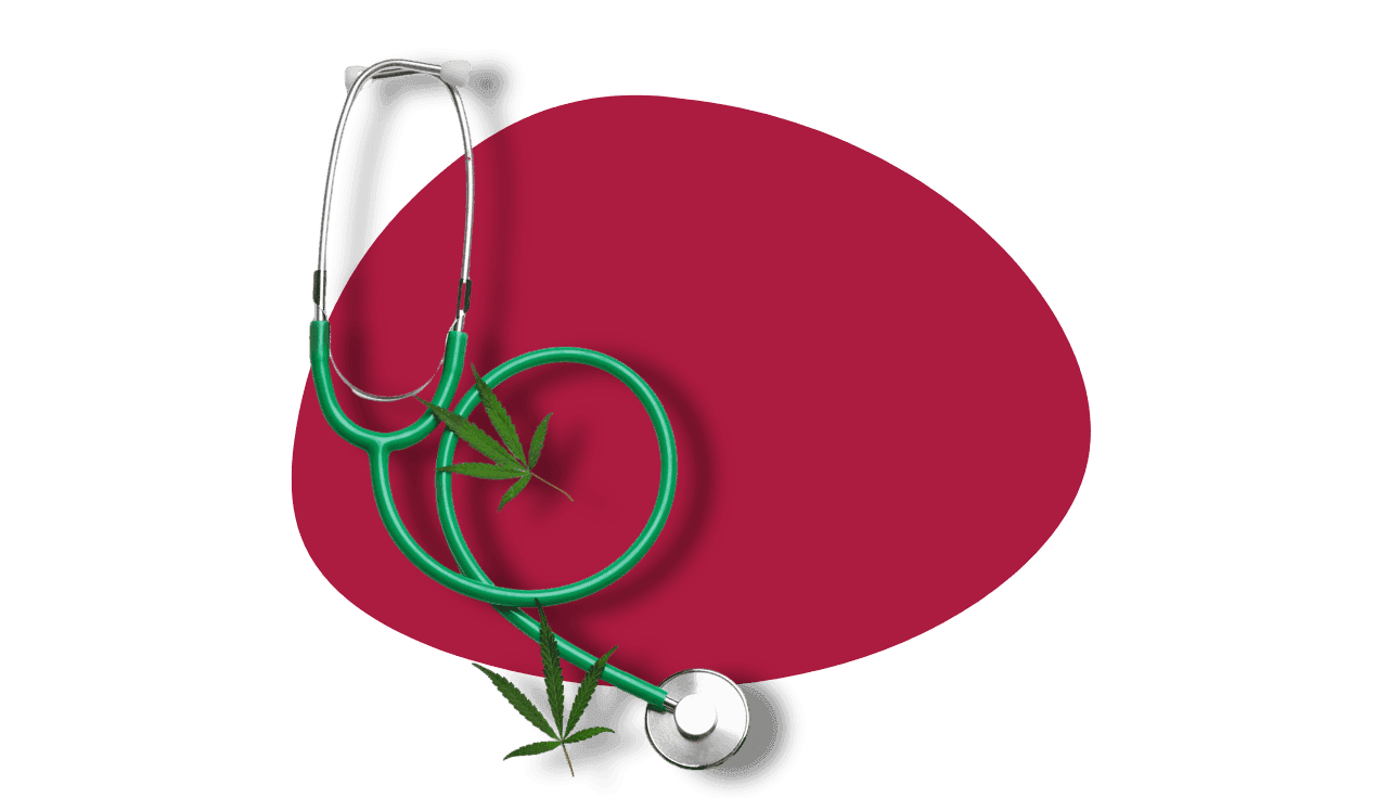 Stethoskop mit Cannabisblättern auf rotem Hintergrund
