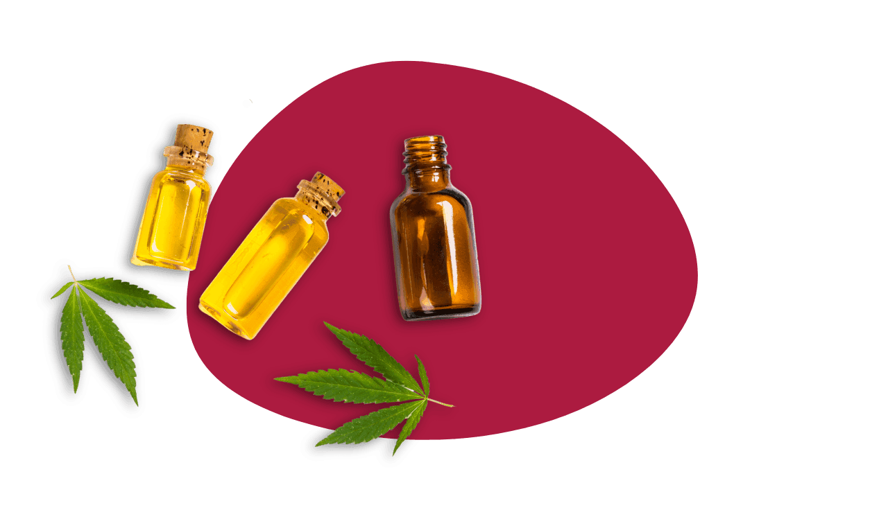 Cannabisblätter und Fläschchen auf rotem Hintergrund